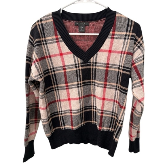 Tahari Sweaters - Tahari Women's V-Neck Plaid Sweater - Black, Tan and Red